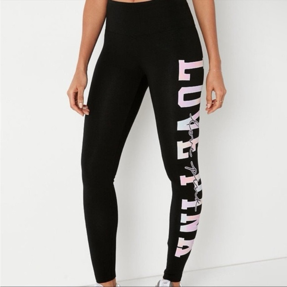 Black High-Waist Leggings with Pink Side Logo